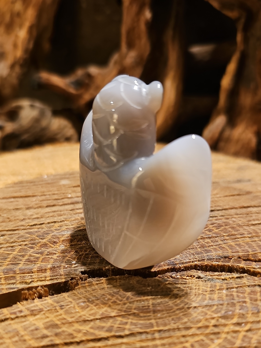 Carved Agate Owl Figurine - Gray and Cream Druzy Center - Picture 6 of 9